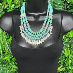 Turquoise Faux Pearl Multi Strand Statement Bib Necklace Silver Tone 3788